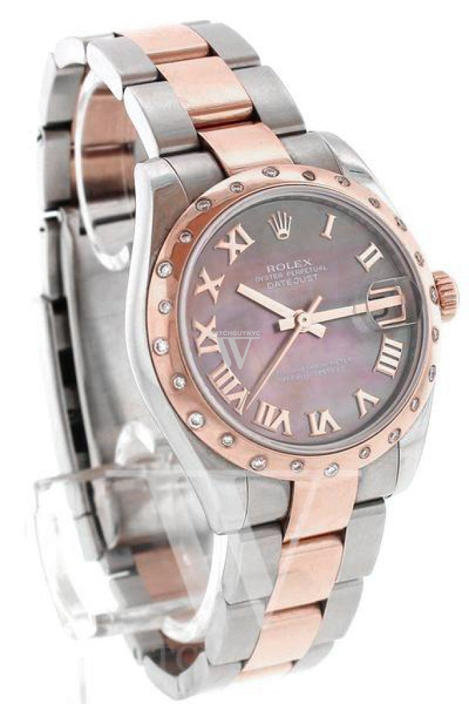 Rolex Datejust 31 Black Mother Of Pearl Roman Dial Diamond Bezel 18K Rose Gold Two Tone Ladies Watch